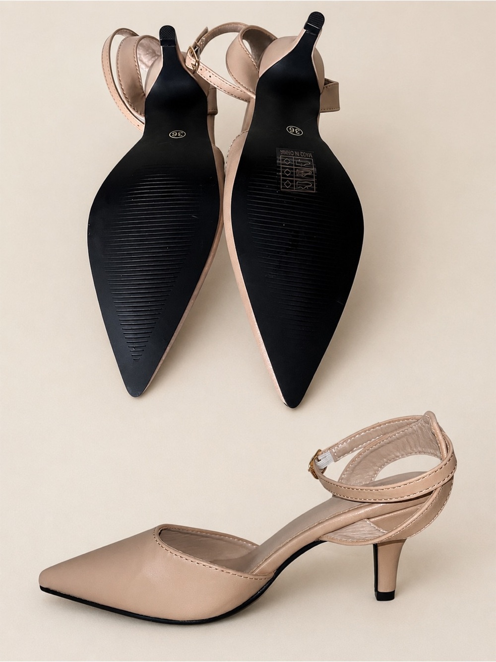 Nude Pointed-Toe Ankle Strap Kitten Heels